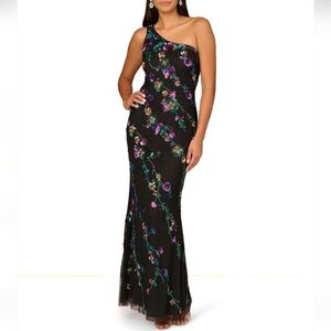Aidan Mattox Black One-Shoulder Sequin Floral Dress